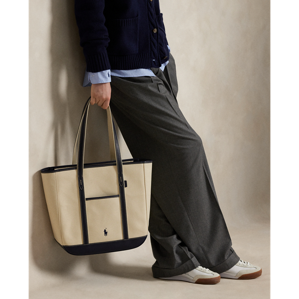 Cabas moyen en toile bordée de cuir - Polo Ralph Lauren - Modalova