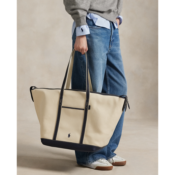 Grand cabas en toile bordée cuir - Polo Ralph Lauren - Modalova