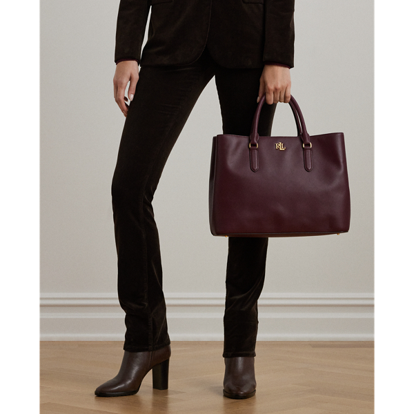 Shop Ralph Lauren Leather Large Marcy Satchel In Pinot Noir