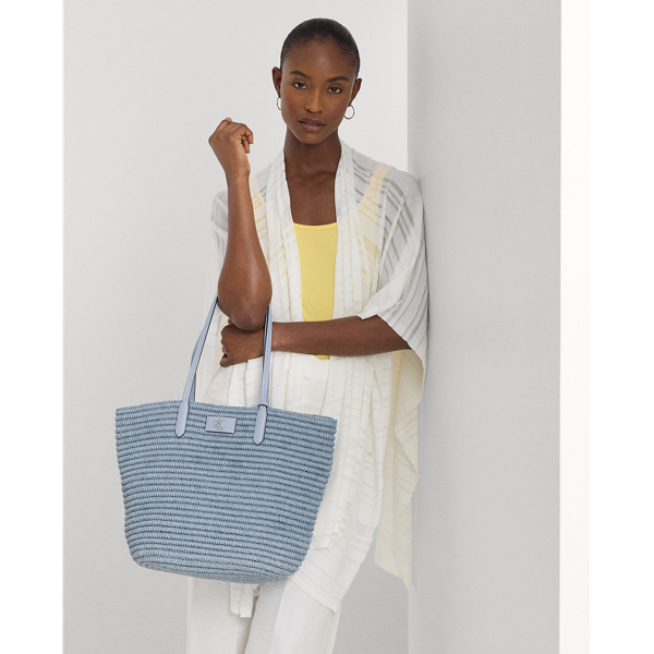 Ralph Lauren Leather-trim Straw Large Brie Tote Bag In Estate Blue