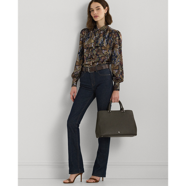 Ralph Lauren Crosshatch Leather Large Hanna Satchel In Dark Olive