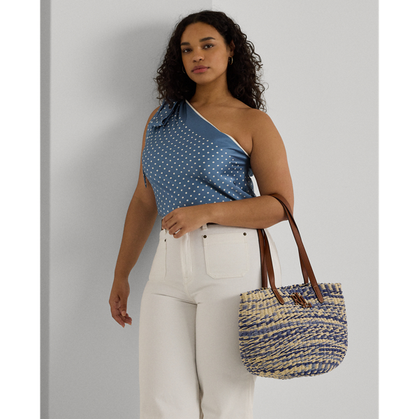 Ralph Lauren Striped Straw Medium Hartley Tote Bag In Indigo Mix/lauren Tan