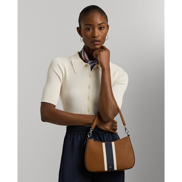 Ralph Lauren Danni Crosshatch Leather Shoulder Bag In Tan/soft White Multi