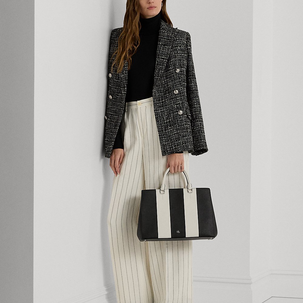 Shop Lauren Ralph Lauren Striped Leather Large Hanna Satchel In Black/soft White Stripe