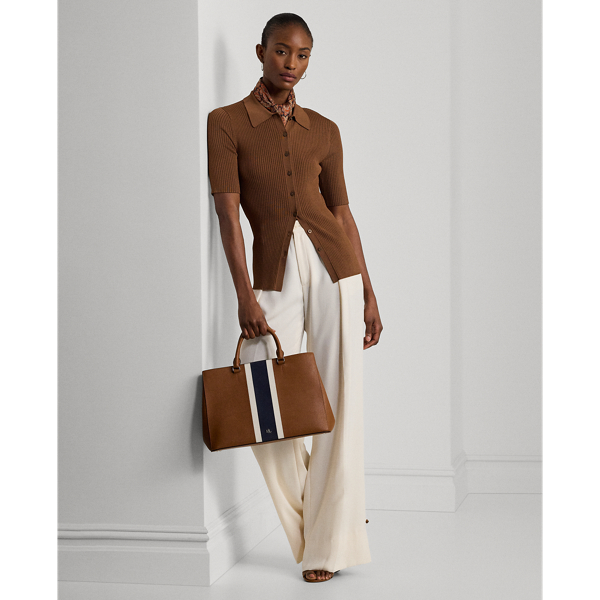 Ralph Lauren Striped Leather Large Hanna Satchel In Tan/soft White Multi