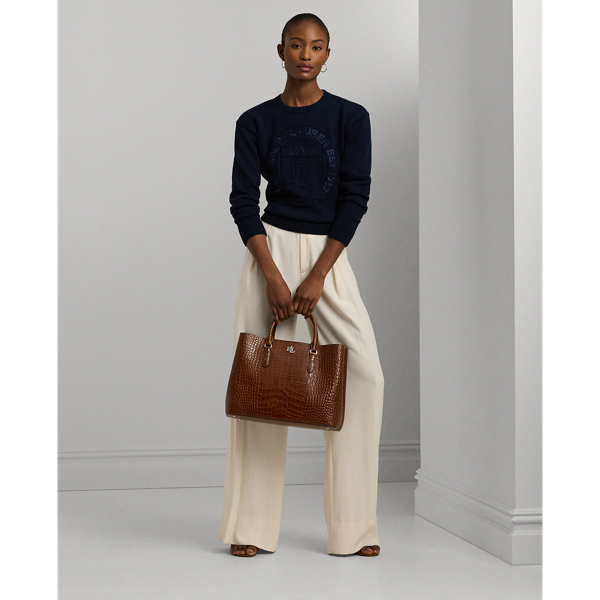 Ralph Lauren Embossed Leather Large Marcy Satchel In Tobacco