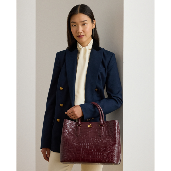 Ralph Lauren Embossed Leather Large Marcy Satchel In Burgundy