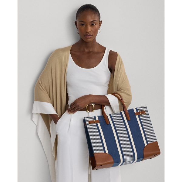Shop Lauren Ralph Lauren Striped Canvas Large Devyn Tote Bag In Atlantic Stripe/indigo