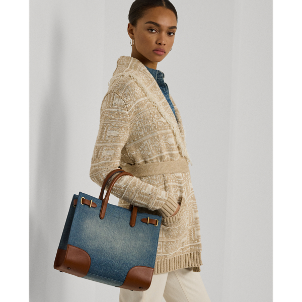 Shop Lauren Ralph Lauren Leather-trim Denim Medium Devyn Tote Bag In Sunset Indigo Wash