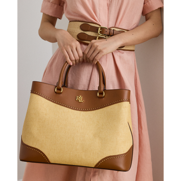 Ralph Lauren Straw & Leather Large Marcy Satchel In Dark Natural/lauren Tan