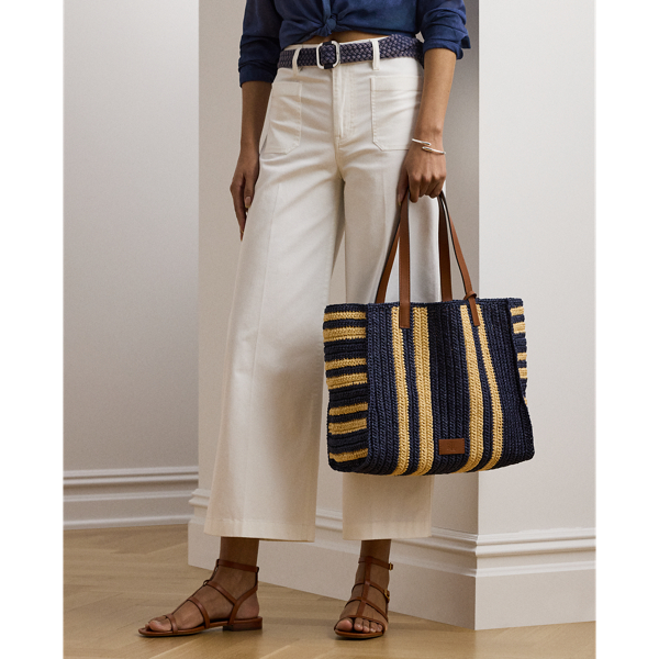Ralph Lauren Striped Woven Straw Large Wilow Tote Bag In Refined Navy/lauren Tan