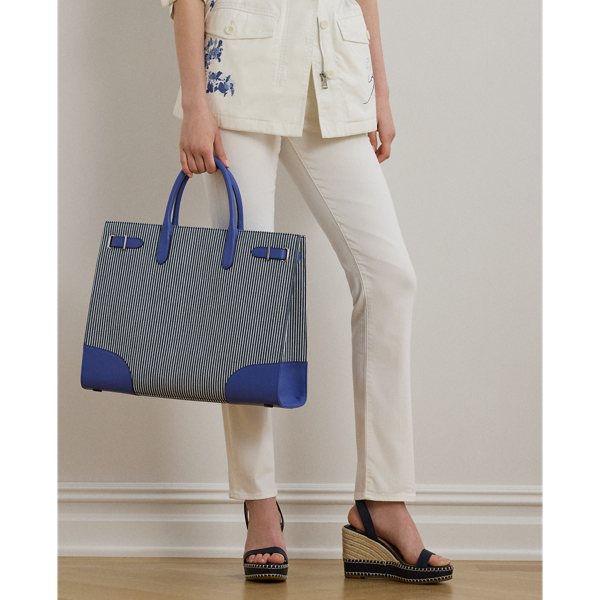 Ralph Lauren Striped Canvas Large Devyn Tote Bag In Refined Navy Stripe/blue