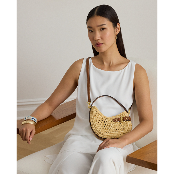 Ralph Lauren Woven Straw Small Tasha Crossbody Bag In Brown