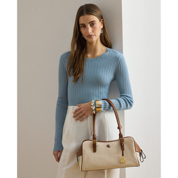 Ralph Lauren Canvas & Leather Large Marcy Zip Satchel In Natural/buff/lauren Tan