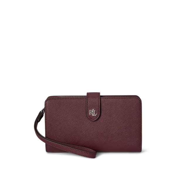 Ralph Lauren Crosshatch Leather Tech Wristlet In Burgundy