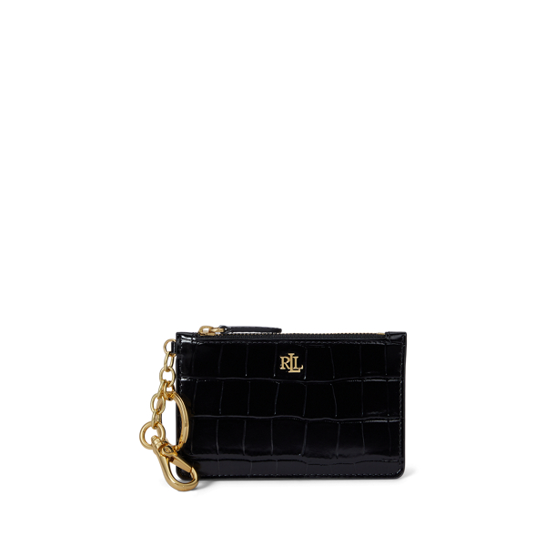 Ralph Lauren Croc-embossed Leather Zip Card Case In Black