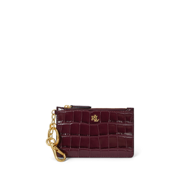 Ralph Lauren Croc-embossed Leather Zip Card Case In Burgundy