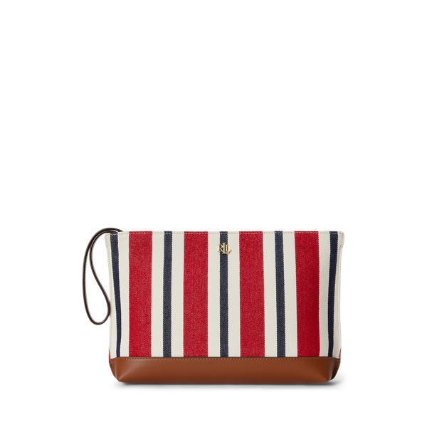 Ralph Lauren Striped Canvas & Leather Large Pouch In Festive Red/tan
