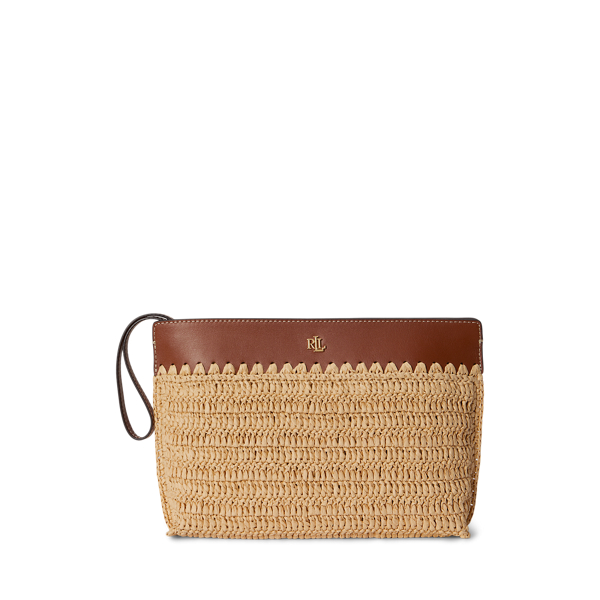Ralph Lauren Leather-trim Crocheted Straw Large Pouch In Natural/lauren Tan In Brown