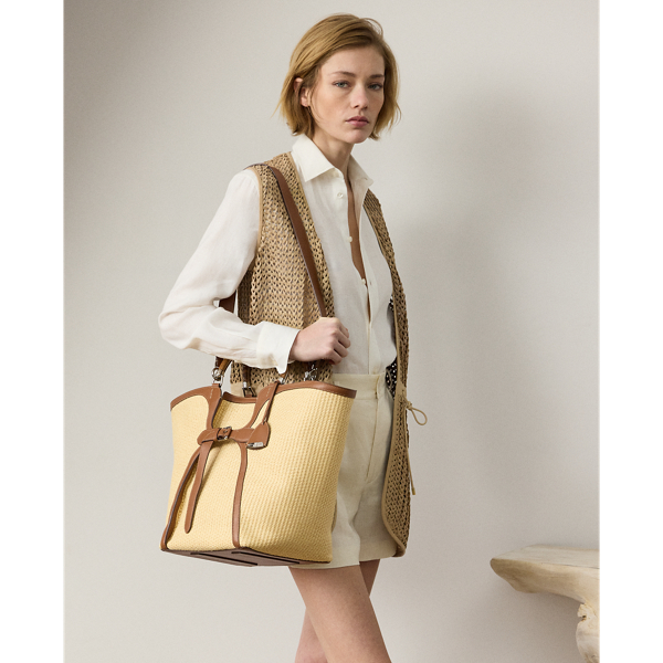 Ralph Lauren The Ralph Braided Raffia Large Tote In Beige/rl Gold