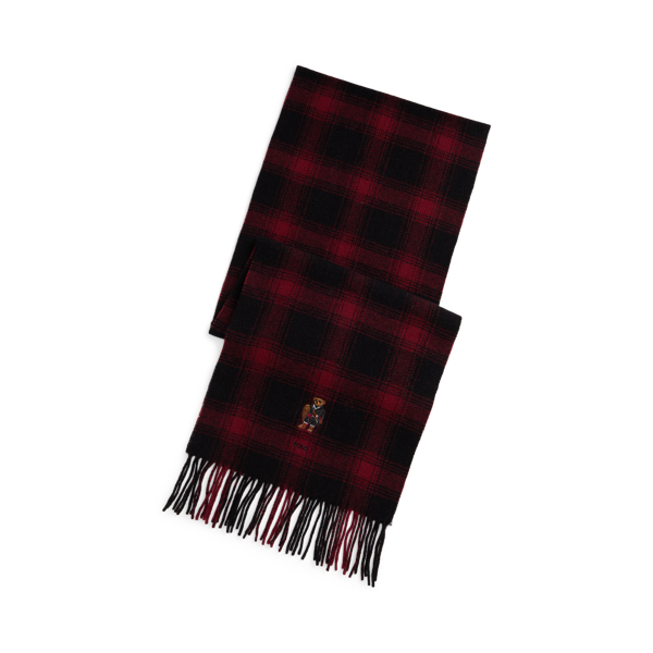 Ralph Lauren Polo Bear Plaid Wool Scarf In Black