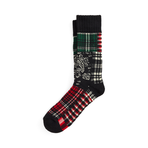 Ralph Lauren Polo Bear Patchwork Plaid Crew Socks In Black