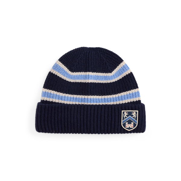 Ralph Lauren Shield-patch Rib-knit Wool Beanie In Blue
