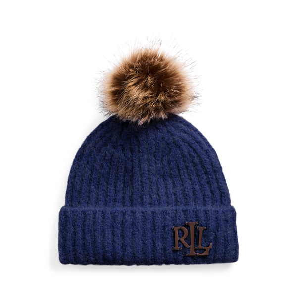 Ralph Lauren Leather-trim Pom-pom Rib-knit Beanie In Blue