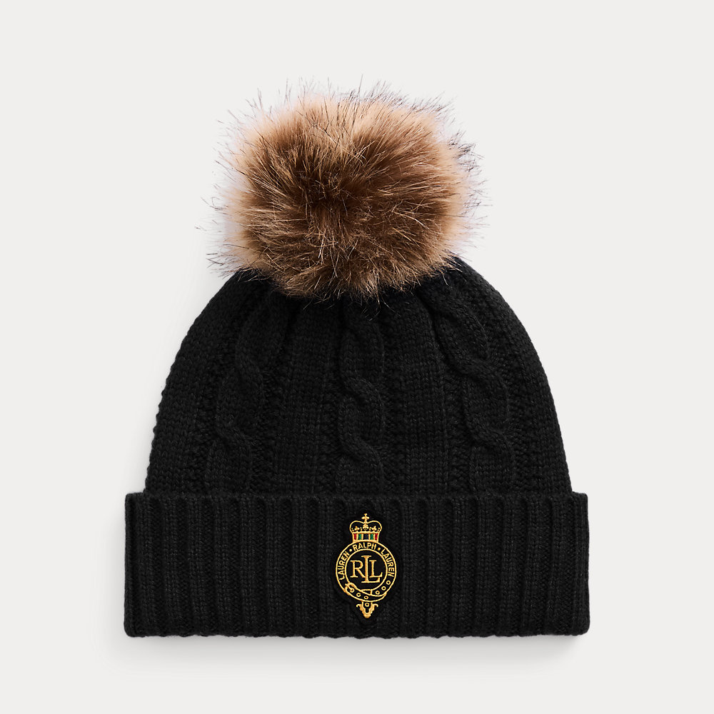 Laurèn Crest-patch Pom-pom Cable-knit Beanie In Black