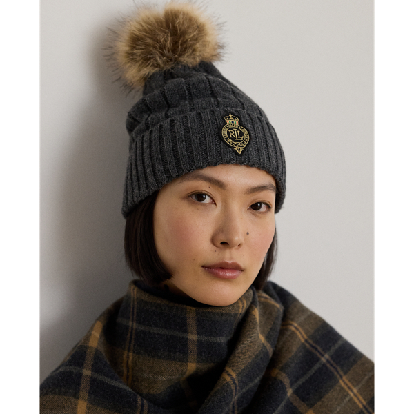 Ralph Lauren Crest-patch Pom-pom Cable-knit Beanie In Blue