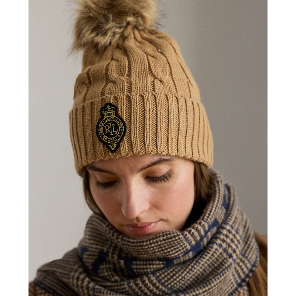 Ralph Lauren Crest-patch Pom-pom Cable-knit Beanie In Brown