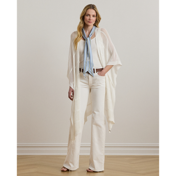 Ralph Lauren Open-knit Cotton-blend Tie-front Ruana In Cream