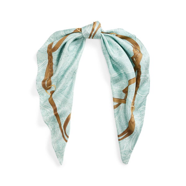 Ralph Lauren Belting-print Paisley Silk Square Scarf In Aqua Pearl
