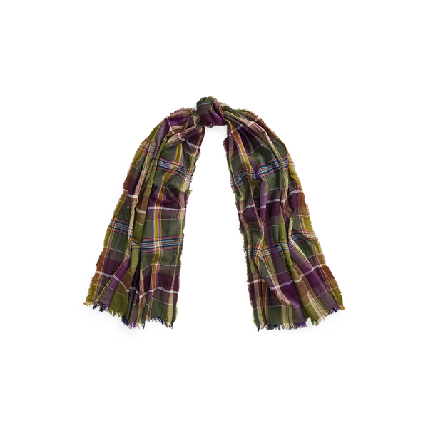 Ralph Lauren Plaid Cotton Wrap Scarf In Olive Grove