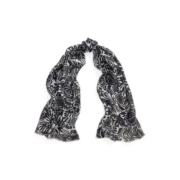 Ralph Lauren Floral Linen-cotton Wrap Scarf In Black