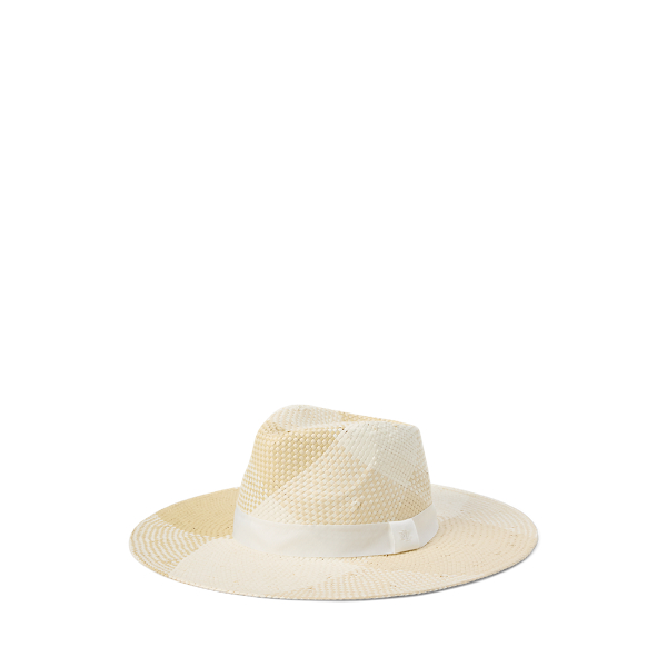 Ralph Lauren Plaid Woven Straw Fedora Sun Hat In Beige Multi