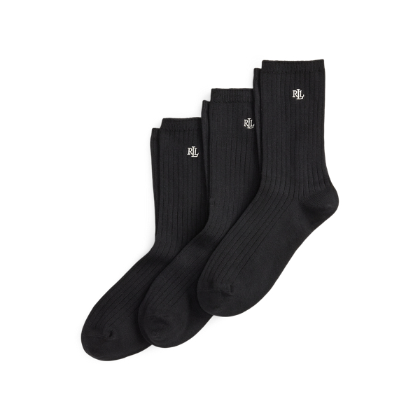 Ralph Lauren Rib-knit Cotton-blend Crew Sock 3-pack In Black