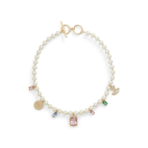 Ralph Lauren Faux-pearl Stone & Logo Charm Necklace In Gold/multi