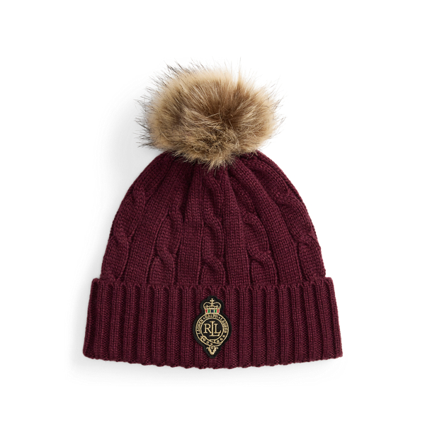 Ralph Lauren Crest-patch Pom-pom Cable-knit Beanie In Burgundy