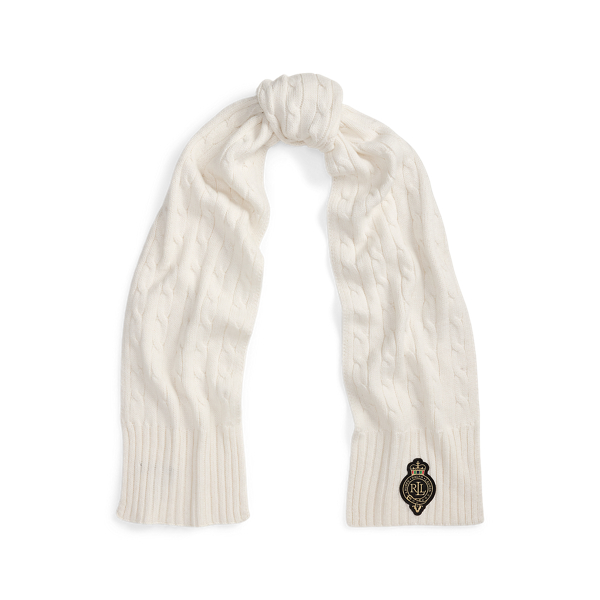 Ralph Lauren Crest-patch Cable-knit Scarf In White