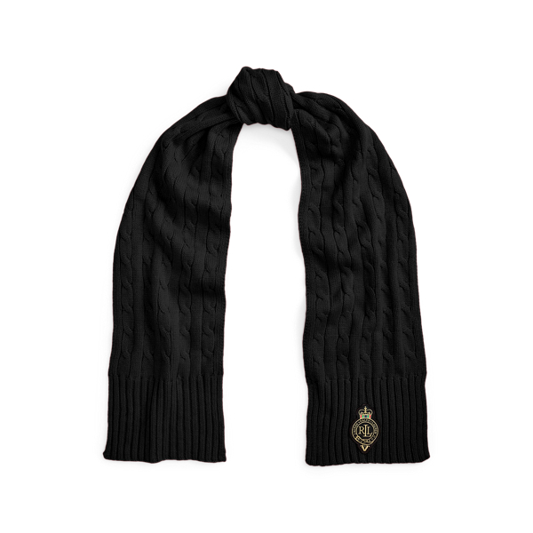 Ralph Lauren Crest-patch Cable-knit Scarf In Black