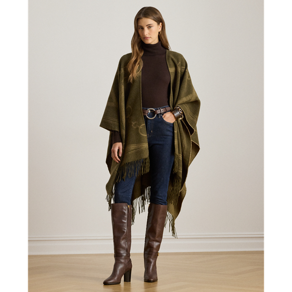 Ralph Lauren Logo & Belting-motif Jacquard Ruana In Green