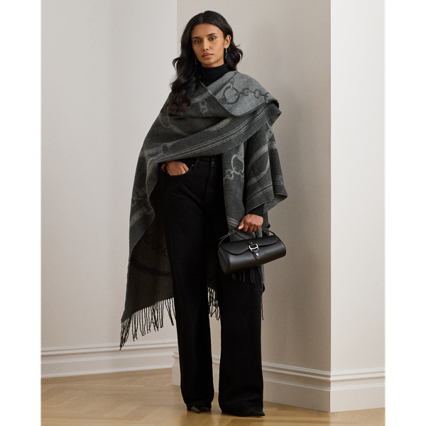 Ralph Lauren Logo & Belting-motif Jacquard Ruana In Black