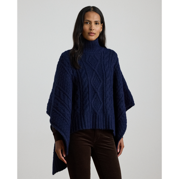 Ralph Lauren Button-trim Cable-knit Mockneck Poncho In Blue