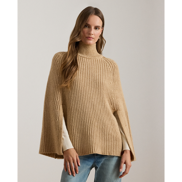 Ralph Lauren Rib-knit Cotton-blend Mockneck Cape In Brown