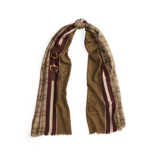 Ralph Lauren Plaid & Horse Bit-motif Wrap Scarf In Brown