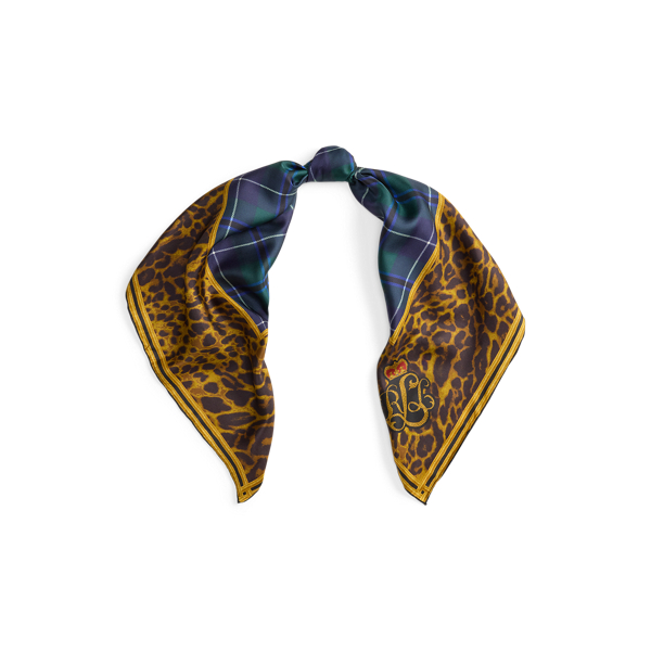 Ralph Lauren Plaid & Leopard-print Silk Square Scarf In Brown