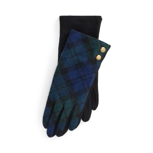 Ralph Lauren Plaid Button-trim Wool-blend Gloves In Blue