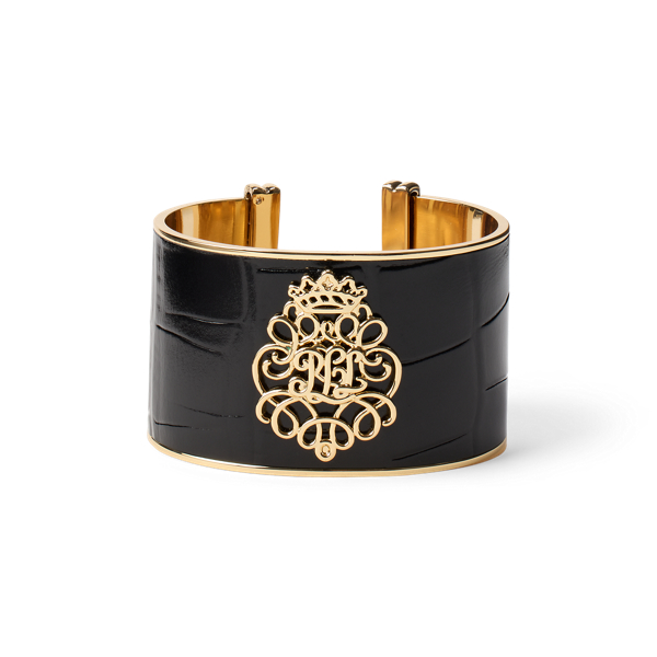 Ralph Lauren Gold-plated Logo Leather Cuff Bracelet In Black