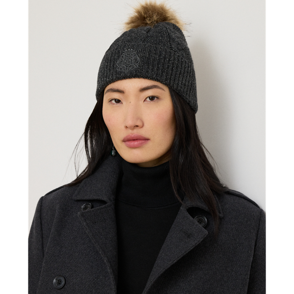 Embroidered-Crest Pom-Pom Cable Beanie